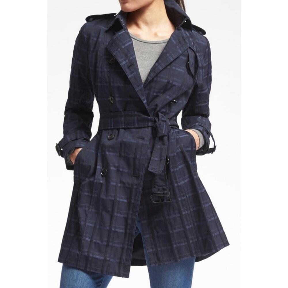 Banana Republic Madras Plaid Belted Blue Trench Coat US Womens S